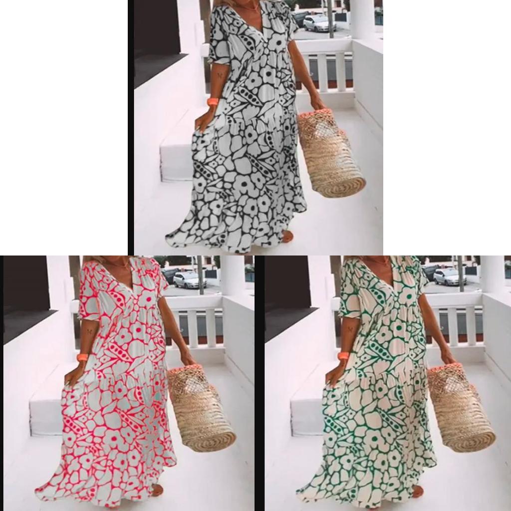 Wish Summer Printed Aline Dress With V Neck Short Sleeves For Street Style Women