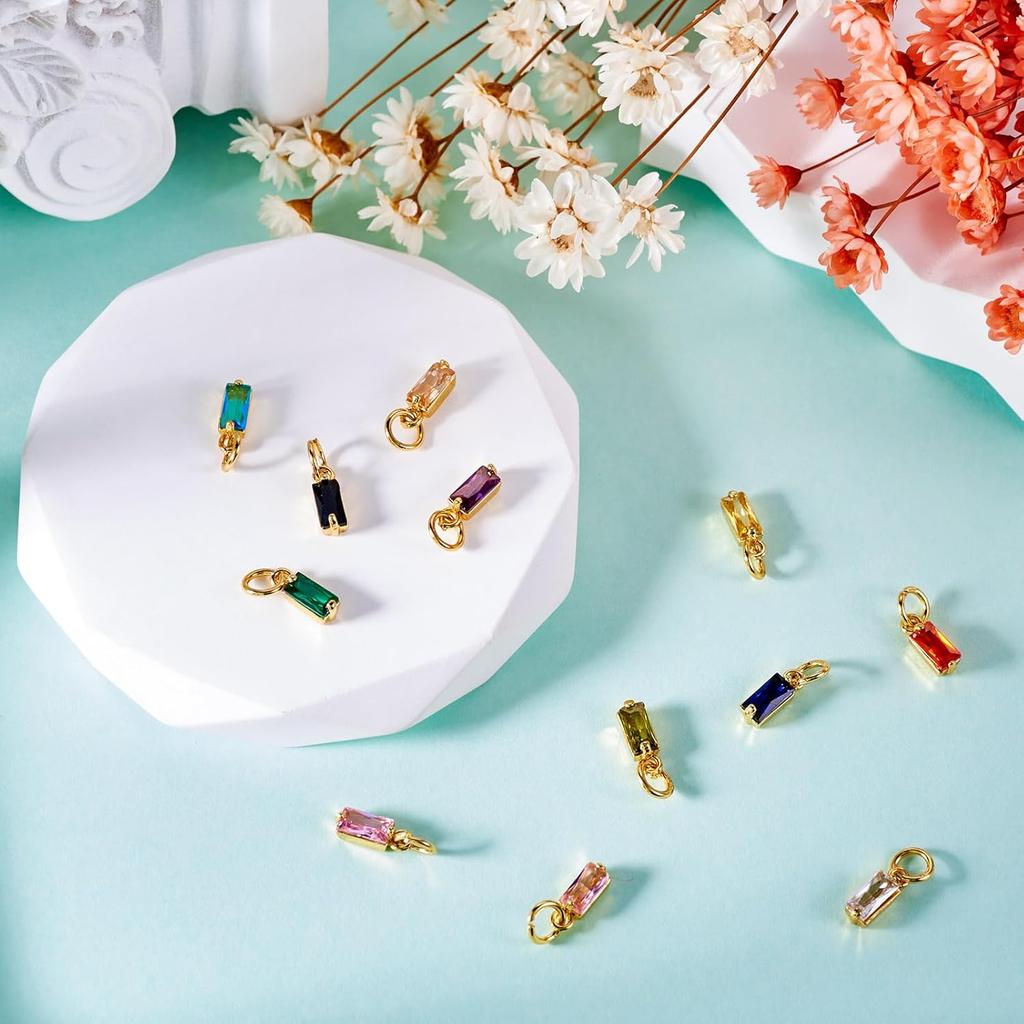 Pandahall 12Pcs 18K Gold Plated Rectangle Charms Cubic Zirconia Birthstone Charms Brass Crystal CZ Stone Pendants with Jump Ring for Jewelry Making