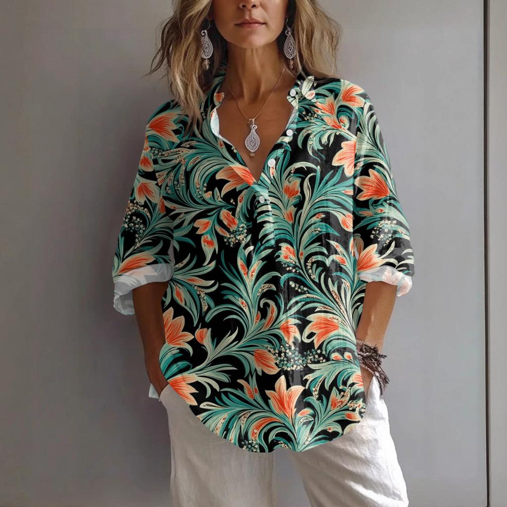 Women's Casual Spring And Summer Loose Printed Casual Sleeved Lapel Pullover Shirt