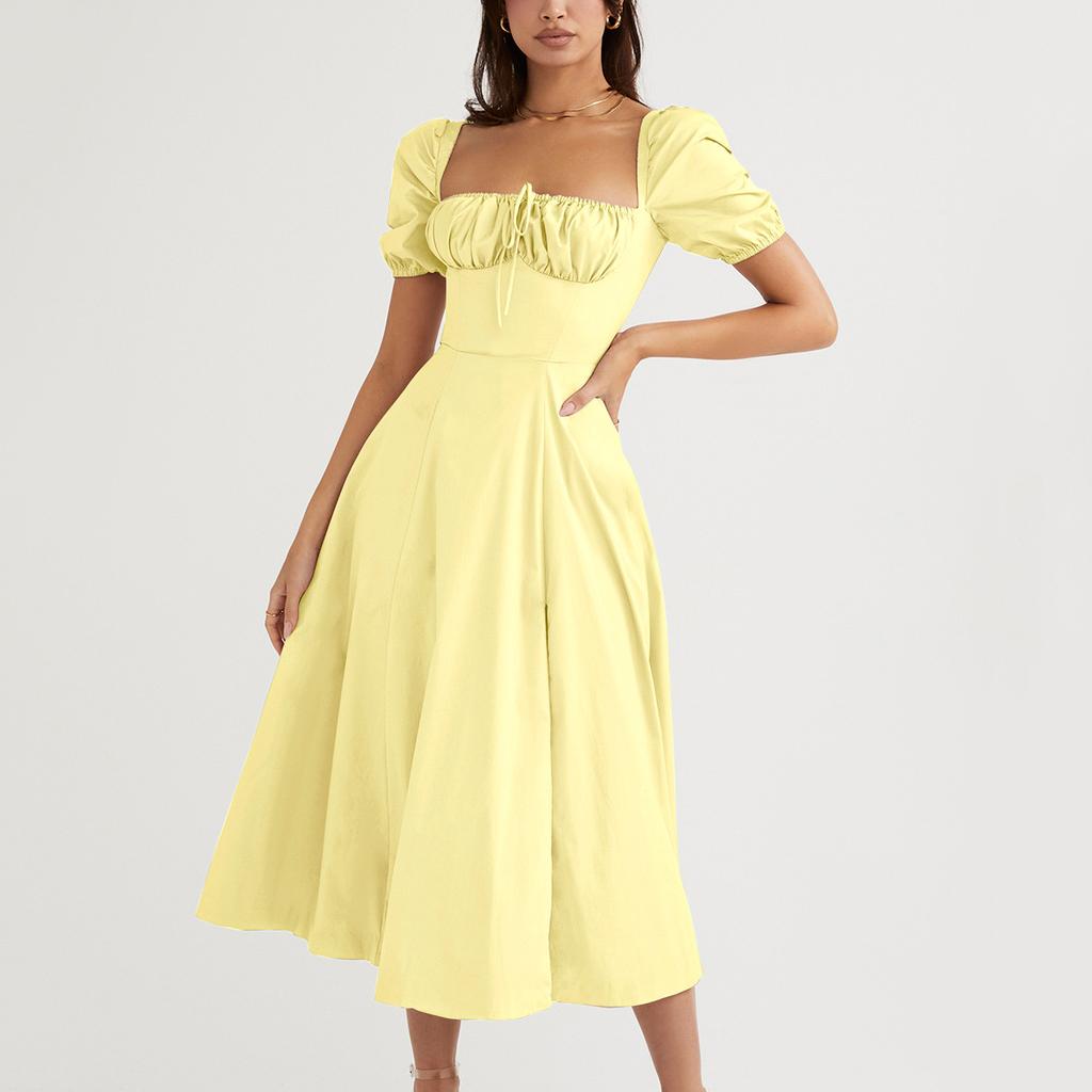 European and American summer French dress, women's bubble sleeve solid color high split skirt