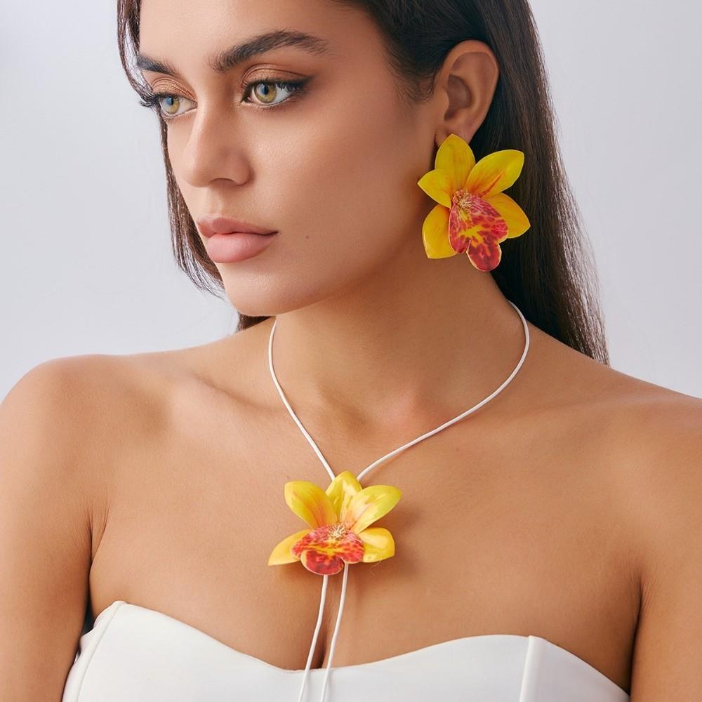Orchid Flower Necklace Cloth Simulation Flower Earrings Personality Clavicle Chain  Ladies