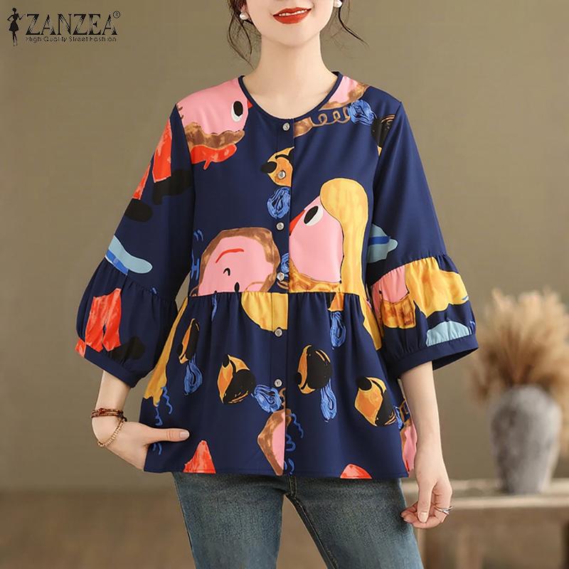 ZANZEA Women Casual Round Neck Loose Long Sleeve Print Blouse