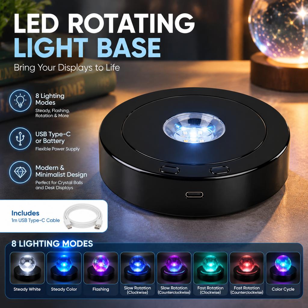 LED Rotating Light Base with 8 Lighting Modes, USB/Battery Powered