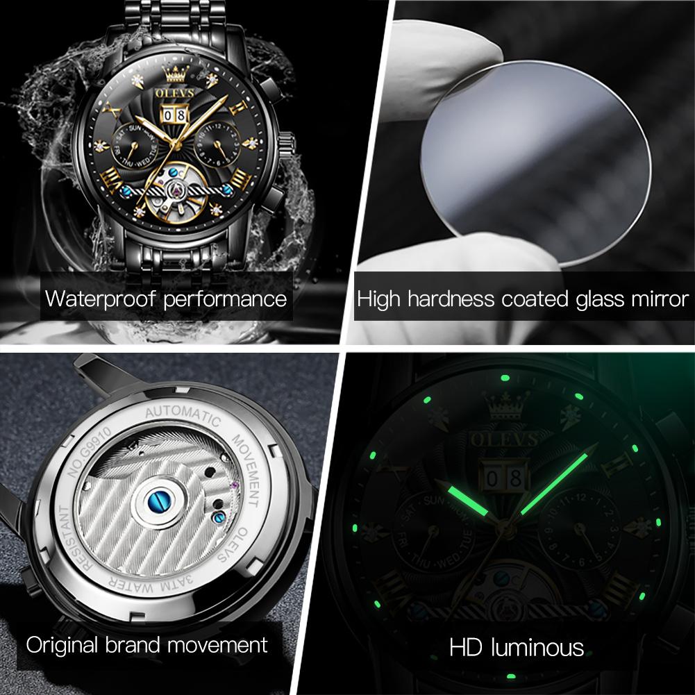 OLEVS 9910 Skeleton Flywheel Automatic Mechanical Wristwatch for Men Stainless Steel Waterproof Luminous Calendar Business Watch