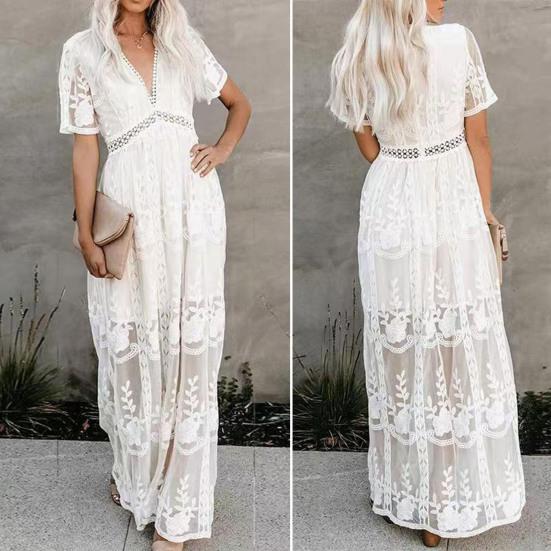Long Dress Embroidery Lace Patchwork Loose Fit Women Dress for Daily Life