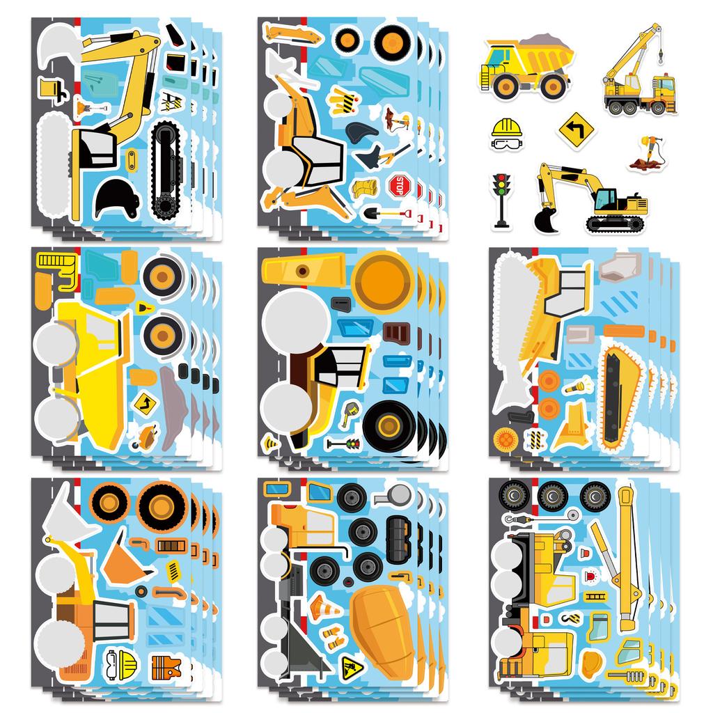 16Pcs Cartoon Engineering Car Puzzle Stickers Luggage Make A Face Notebook Puzzle Stationery Diy Stic