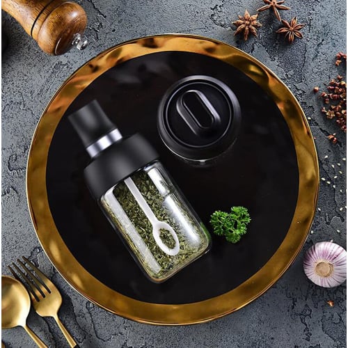 Spice Jar with Spoon Seal, Sugar and Salt Shaker, Household Condiment Bottle, 250ml, Black