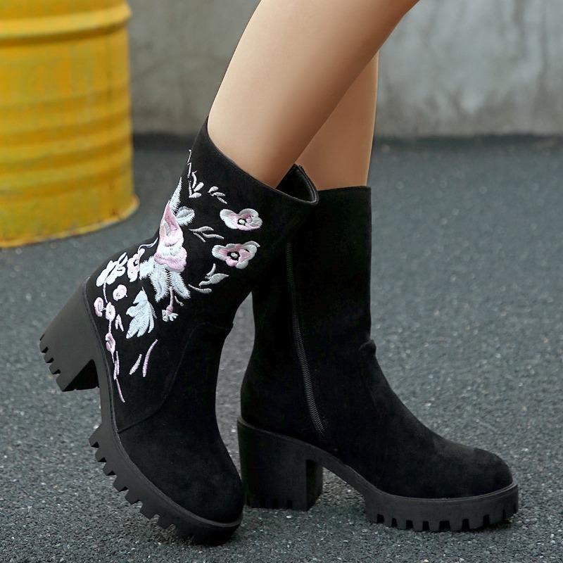 Embroidered Platform Block Heel Single Boots Autumn New Round Toe Suede Non-Slip Wear-Resistant Side Zip Mid-Tube Boots