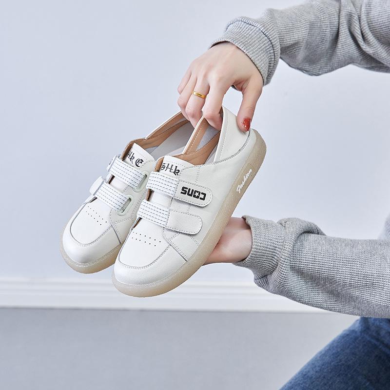 2025 New Little White Shoes Spring Versatile Casual Board Shoes Velcro Two Wear Student Single Shoes Leather Nurse Shoes
