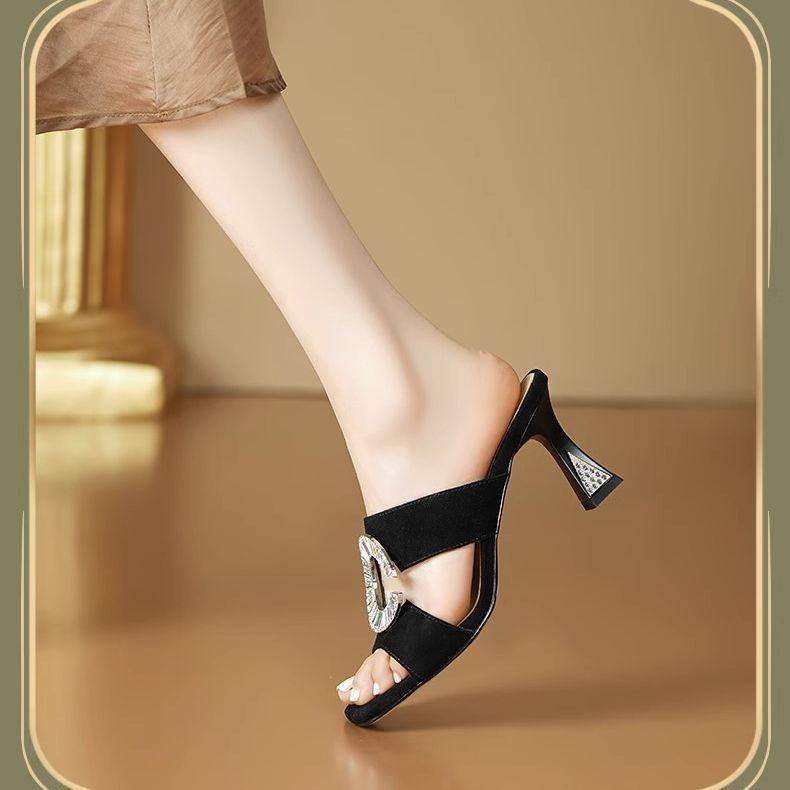 Temperament half slippers women's 2025 new summer wear thick heel high heel open toe sandals women's one-character fashion sandals