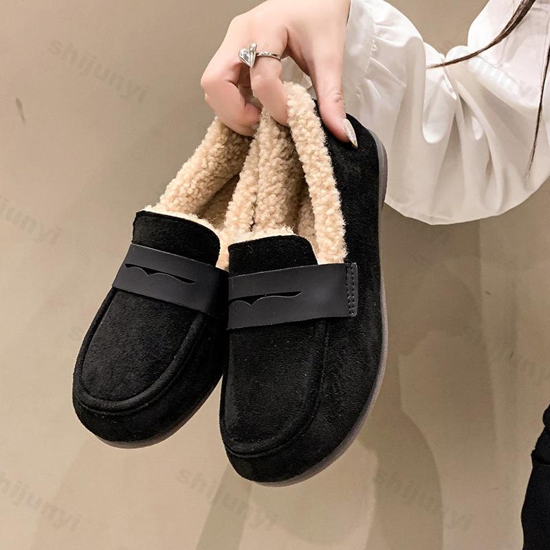 Winter Women's Soft Fur Lining Suede Casual Shoes Ladies House Warm Indoor Outdoor Cotton Shoes Non-slip Fashion Loafers Flats