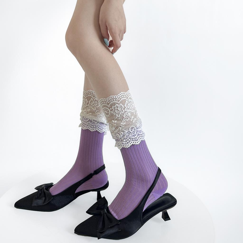 Lace Ruffle Socks Women Jk Lolita Sweet Girls Kawaii Middle Tube Socks Fashion Solid Color Black White Gray Long Socks Stockings