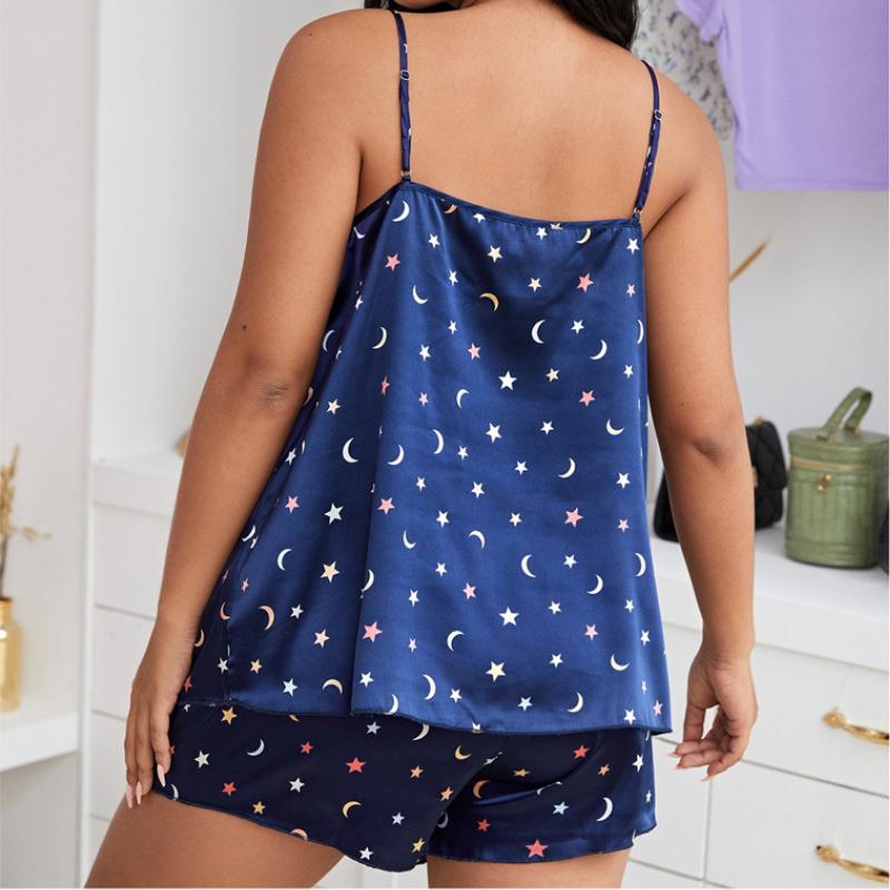Sling Lace Sexy Pajamas Set for Women Print V-neck Loose Top Shorts Breathable Soft Sleepwear Set Summer Casual Lightweight Comfortable Plus Home Set