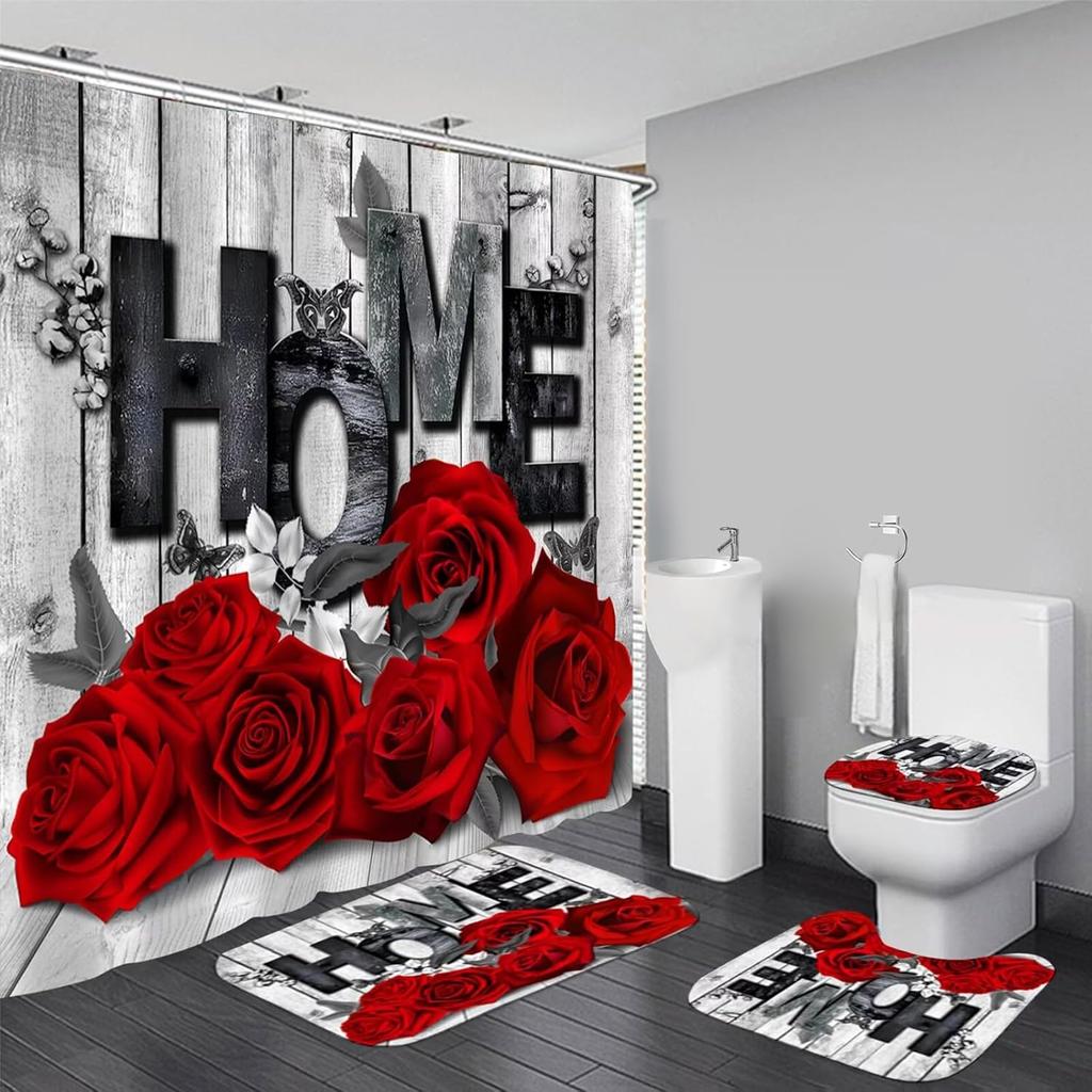 4Pcs Black Marble Shower Curtain Sets with Rugs Gold Bathroom Sets with Shower Curtain and Toilet Lid Cover Modern Bathroom Deco
