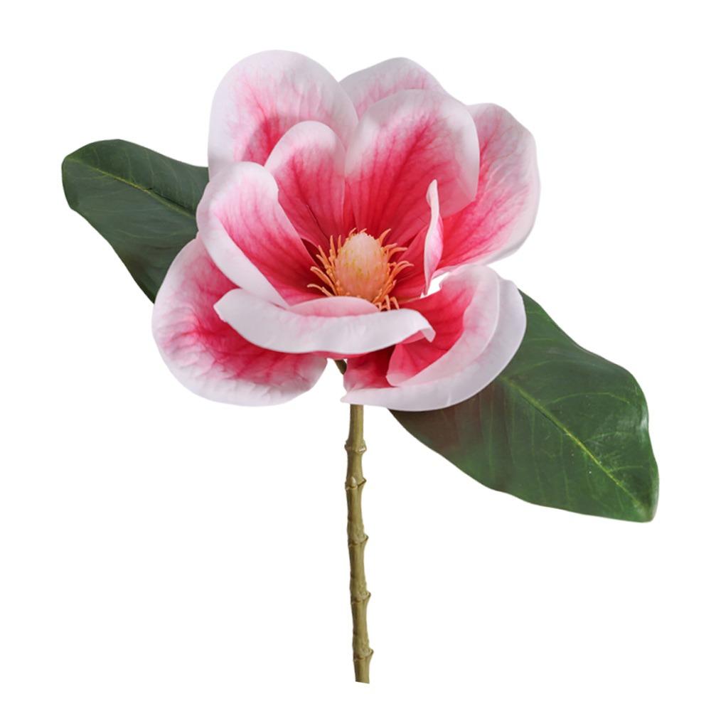 Creative White Pink Artificial Magnolia Flower Green Leaves Luxury Design Faux Flower Real Touch Real Touch Flower Wedding Decor
