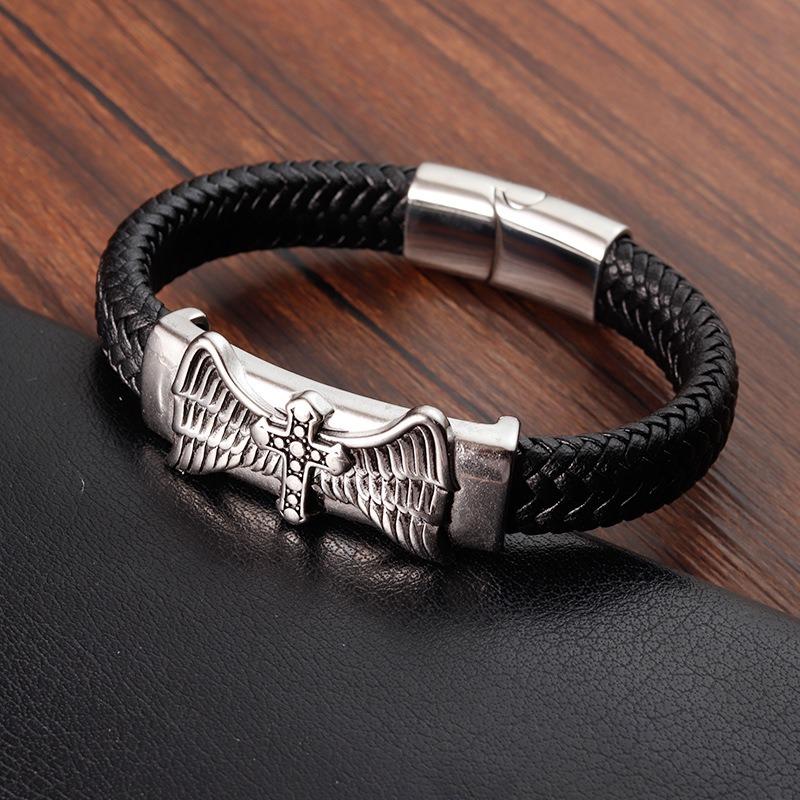 Bracciale Uomo In Pelle Intrecciata Con Croce, Acciaio Inossidabile 316L Nero, Lunghezza 20 Cm