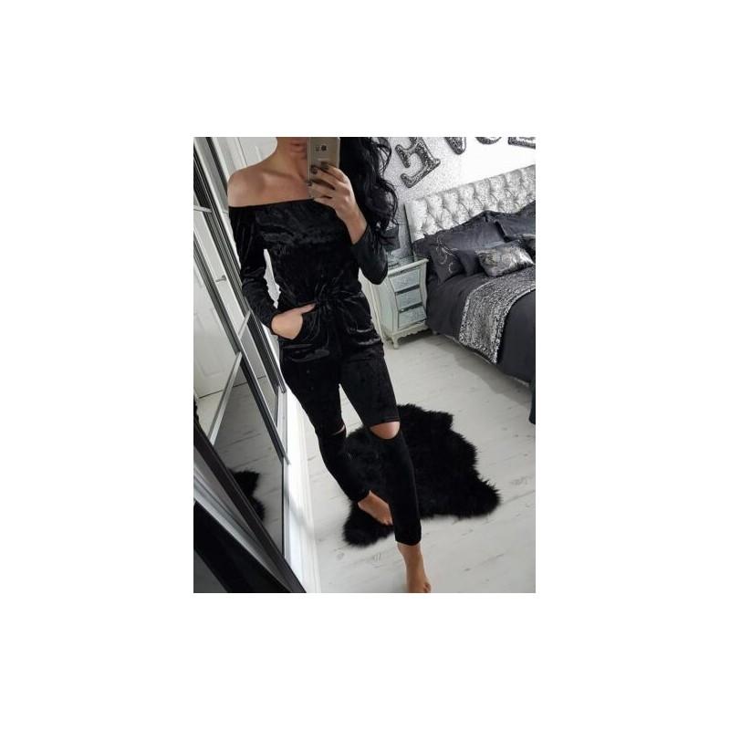 Crushed New Women Velvet Lounge Tracksuit Off Shoulder Slit Knee Jumpsuit Romper