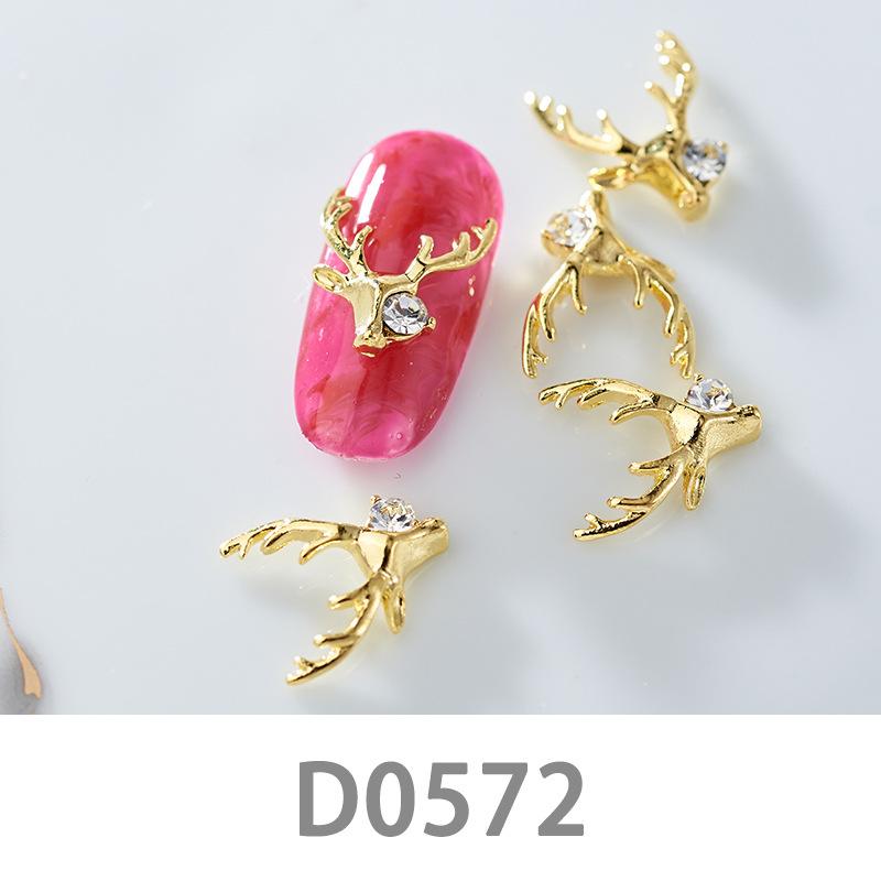 10Pcs Gold Silver Elk Antler Shape Alloy Diamond Nail Ornament Manicure Decoration Accessories