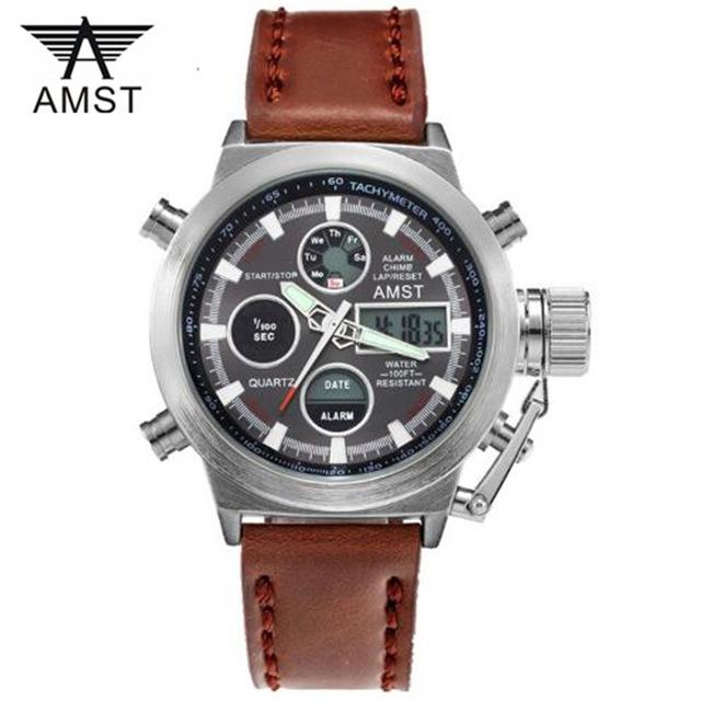 AMST Men Watch Top Luxury Brand Red Big Dial Sport Watches Mens Chronograph Quartz Wristwatch Date Male Clock Relogio Masculino