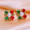 SENIKO Natural Freshwater Pearl Earrings For Women Fashion Gold Color Green and Red Flower Stud Earrings Party Jewelry