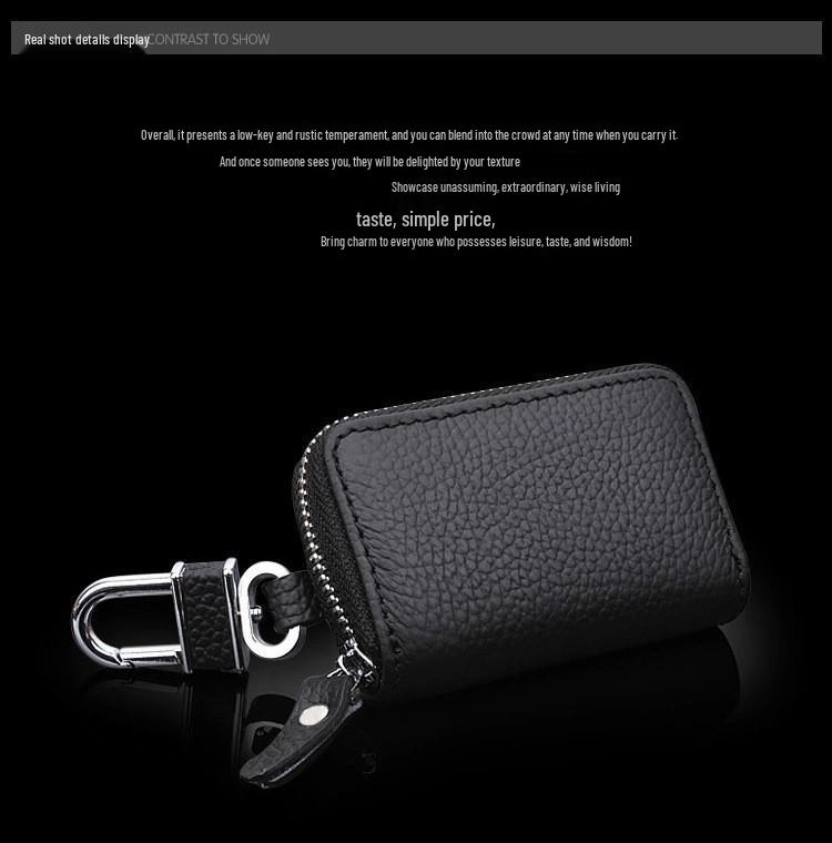 Lychee Grain Cowhide Key Case with Zipper - Pure Black