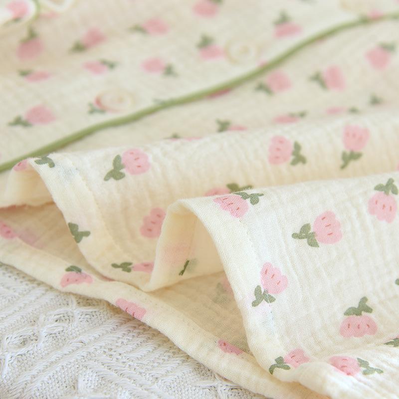 Women's Floral Crepe Pajama Set - Long Sleeve, Turn-Down Collar, Double Layer Gauze, Spring/Autumn Sleepwear