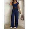 Women's 2-piece Square Neck Short Sleeved Crop Top&high Waist Wide Leg Pants Casual Set