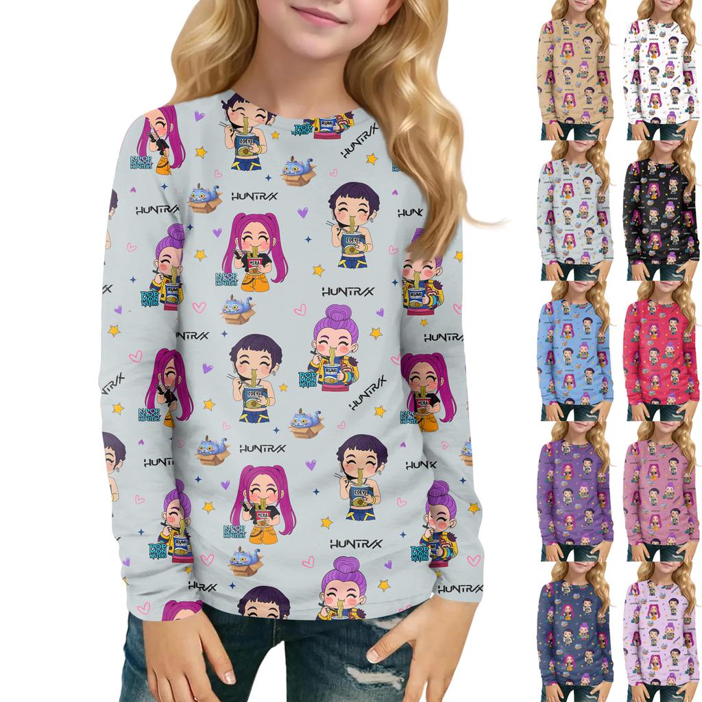 Children's Witch Printed Long Sleeved Round Neck Top With Floral Print For Daily Casual T-shirt