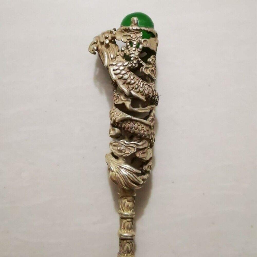 Old Chinese Tibet Silver Inlay Gemstone Handmade Hair Hairpin Statue