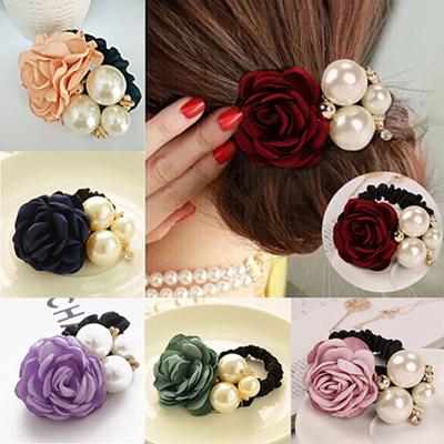 Senhora Menina Chic Doce Flor Rosa Pérolas Falsas Faixa de Cabelo Suporte de Rabo de Cavalo Elástico de Cabelo