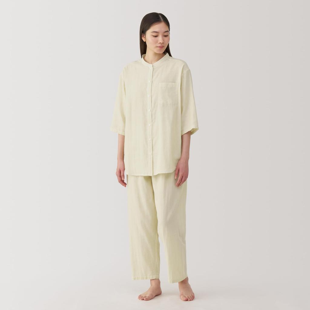 MUJI Seamless Thin Gauze Sleeve Light Yellow Size FD1L7A5S Women's 3/4 Pajamas, Stripe, XS,