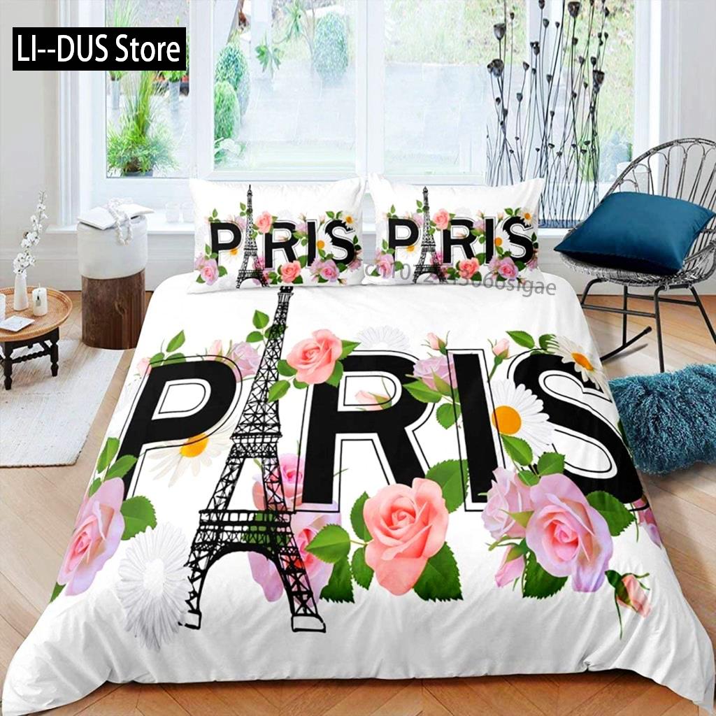 Paris Duvet Cover Set Polyester Paris Theme White Pink Stripe World-Famous Architecture Creativity Double Queen King Quilt Cover