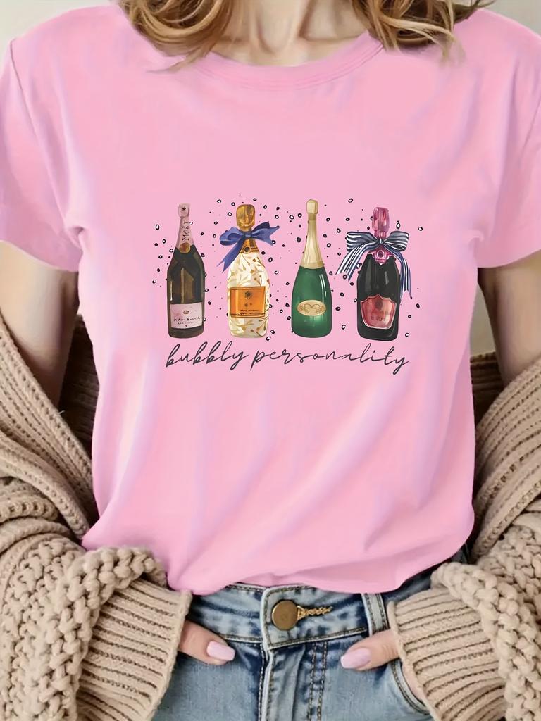 Damen Mode Trendiges Cartoon Champagner Druck T-Shirt Sprudelndes Persönlichkeits Design Harajuku Kurzarm Lässig Ästhetische Kleidung