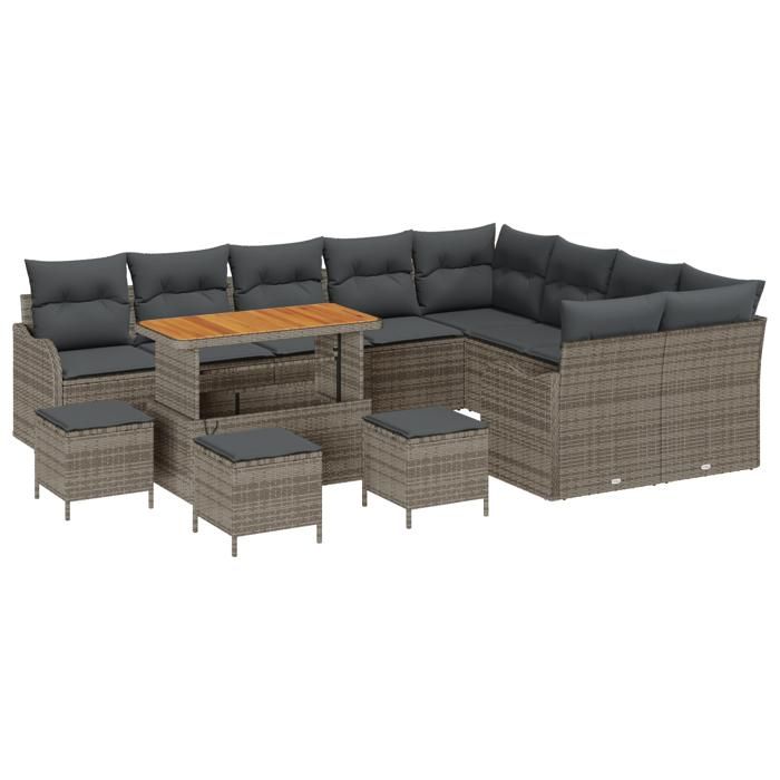 Ensemble de Canapés de Jardin 13 Pièces avec Coussins Gris Poly Rattan Acacia 3364263