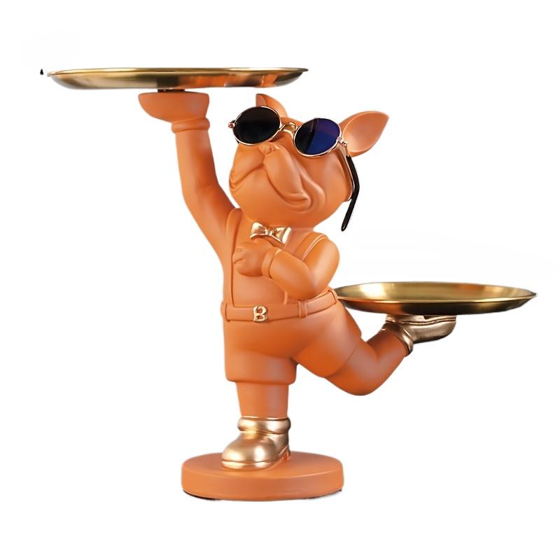 Pryskyřičná socha psa do pokoje,Socha Butlera se 2 zásobníky na uskladnění,Domácí dekorace figurky francouzského buldoka,Ozdoby na stůl