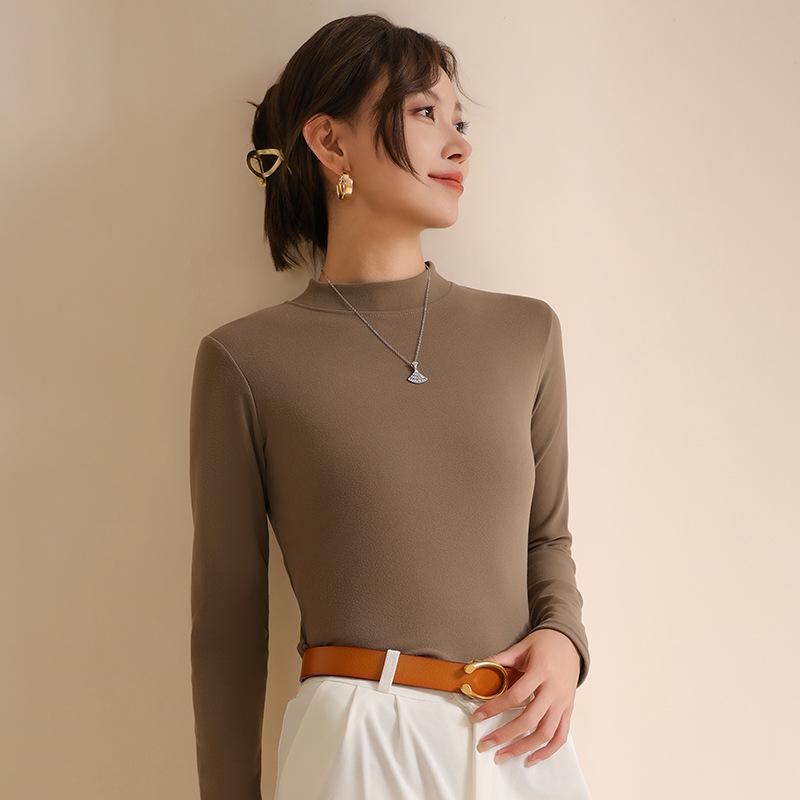 Women's Half-High Neck Double-Sided German Fleece Solid Long Sleeve Top Fashionable Inner Wear Medium Neck Base Layer for Spring, Autumn and Winter