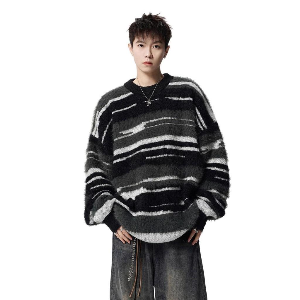 Unisex Mohair Round Neck Color Block Stripe Sweater - Autumn/Winter Casual Loose Fit