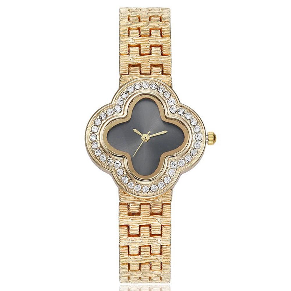 Women s Fashion Quartz Watch with Rhinestone Four-Leaf Clover Bracelet - Casual Style чёрный