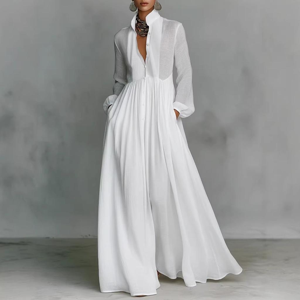 Spring and Summer New Waist Thin Long Sleeves Pleated Characters Long Holiday Skirt French White Jumpsuit Group