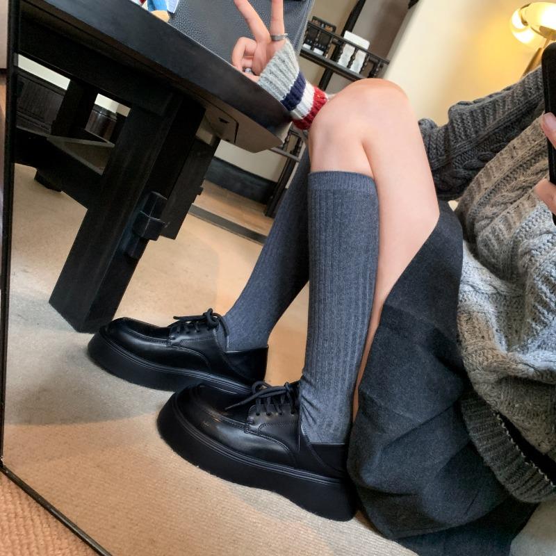 [] Academy~ Leather round head lace-up muffin thick-soled stepping heel women's small leather shoes