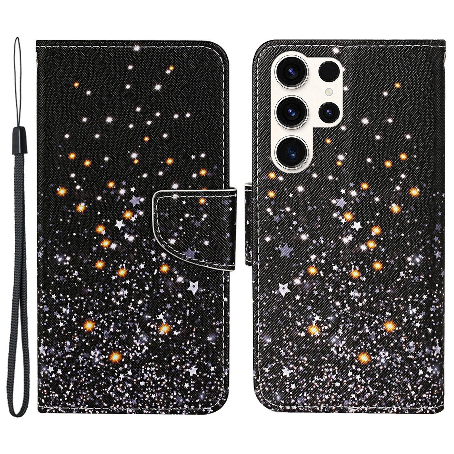 

For Samsung Galaxy S24 Ultra PU Leather Case Cross Texture Phone Stand Cover with Wrist Strap Shattered Stars