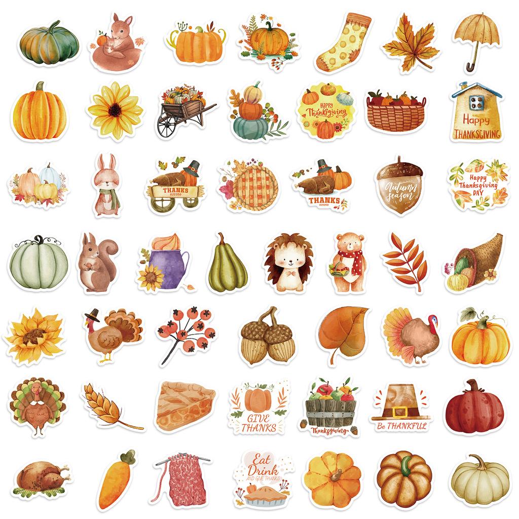 100 Thanksgiving Waterproof Stickers PP Material Waterproof No Repeatable Stickers DIY Water Cup Luggage Skateboard Refrigerator