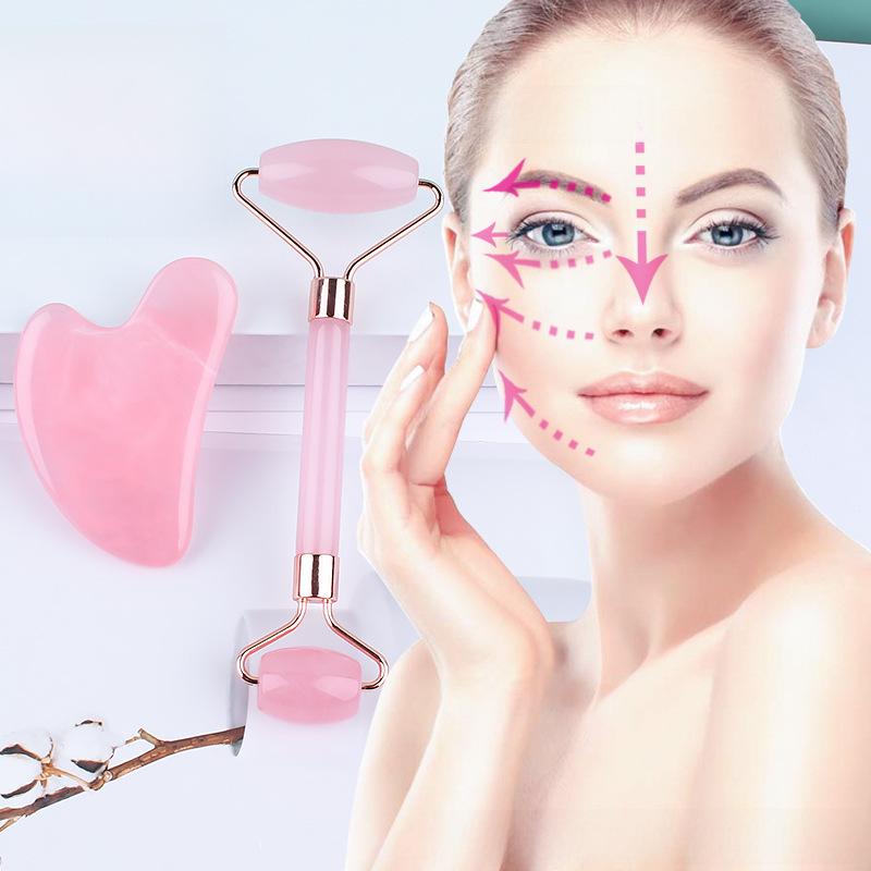 Pink Resin Facial Massage Set: Roller, Scraping Board & Tendon Stick