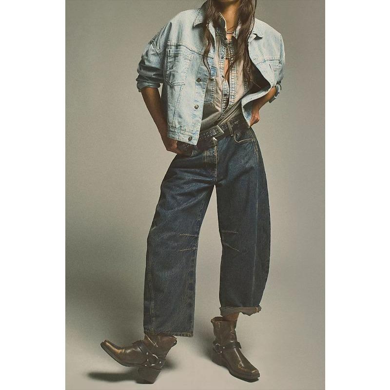 Wide Leg Loose Jeans,Women's Mid-Low Waist Washed Jeans