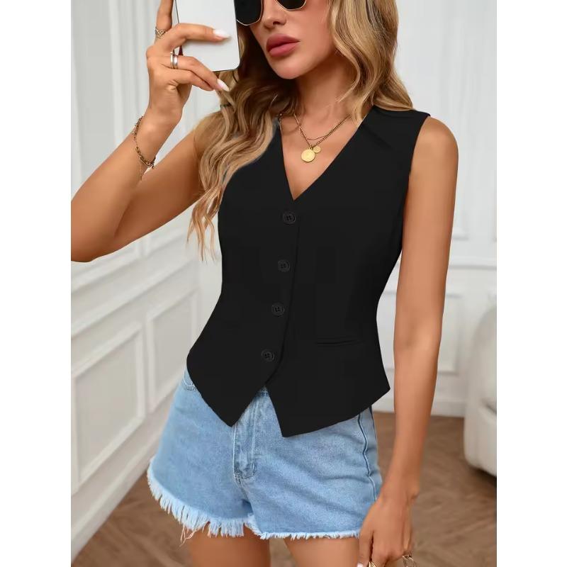 Women's Sleeveless Vest V-neck Button Front Cut Casual Elegant Spring Summer Tops Routine Suitable Office Vests & Waistcoats