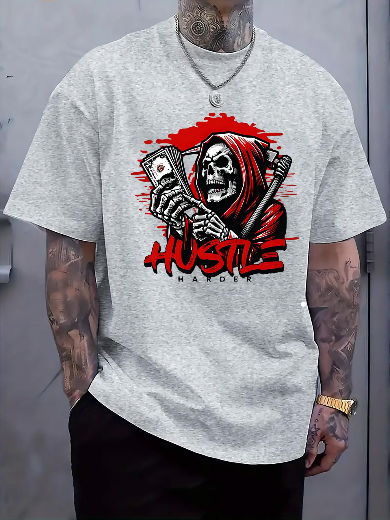 

Hustle Harder Skull & Money Print T-shirt - White Casual Crew Neck Short Sleeve Tee with Red & Black Design XXXXL
