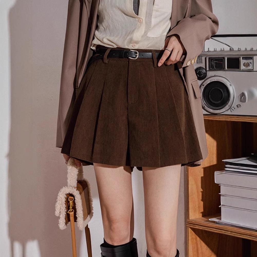 

Women s Khaki Corduroy A-Line Pleated Midi Skirt Pants - Slimming Retro Culottes for Autumn/Winter S [81-90 kg]