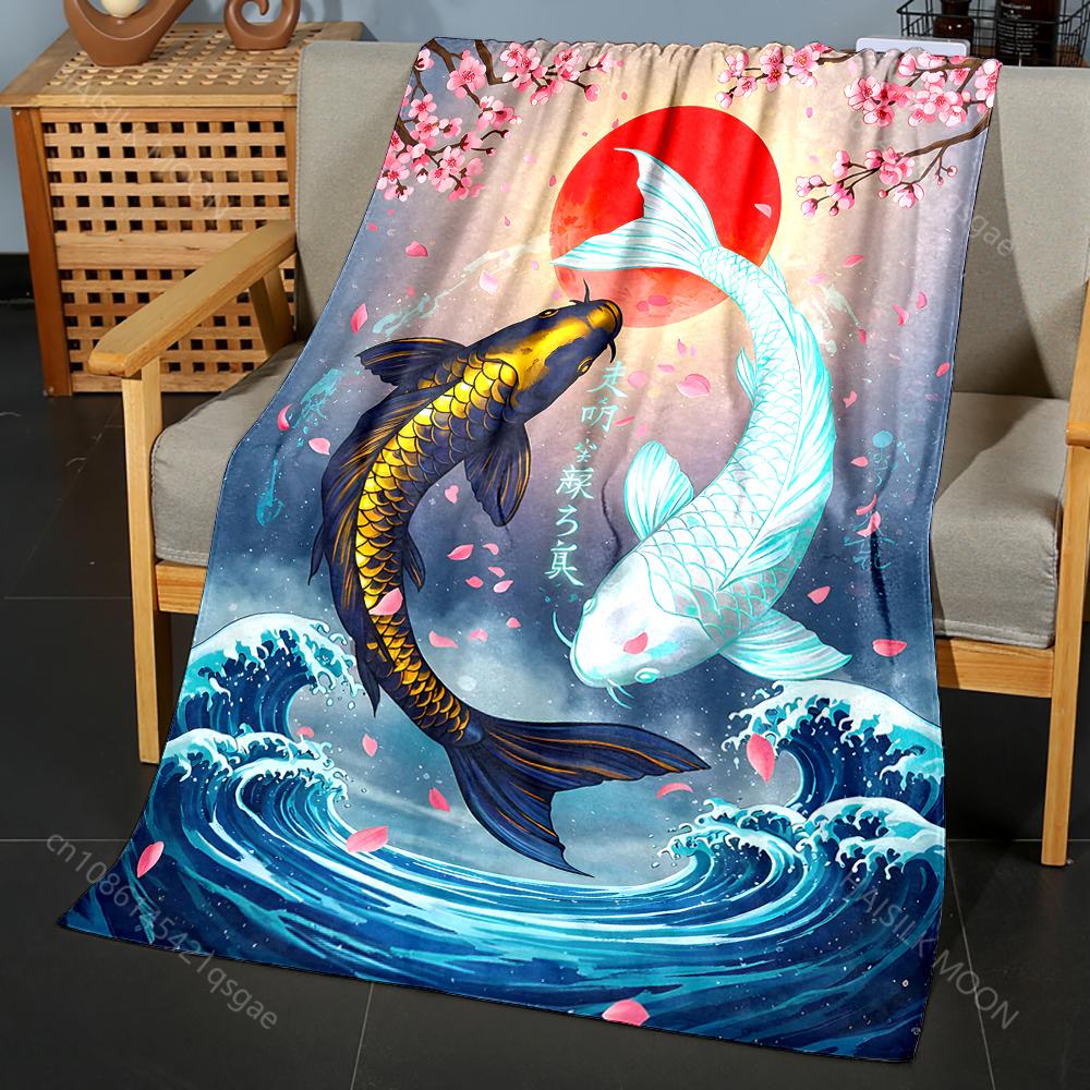 

Multiple sizes Koi waves cherry blossoms Print Blanket Flannel Material Soft Warm for All Seasons Home Outdoor Camping Picnics 75x90cm