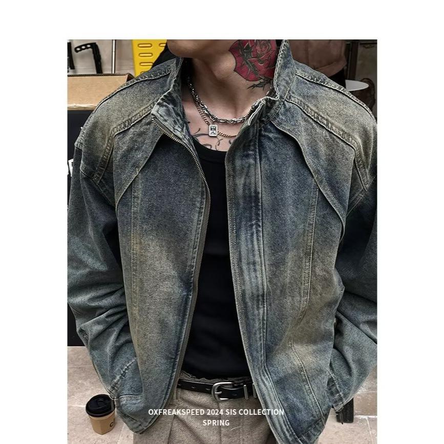 

Unisex Trendy Yellow Mud-Dyed Denim Jacket with Stand Collar S синій