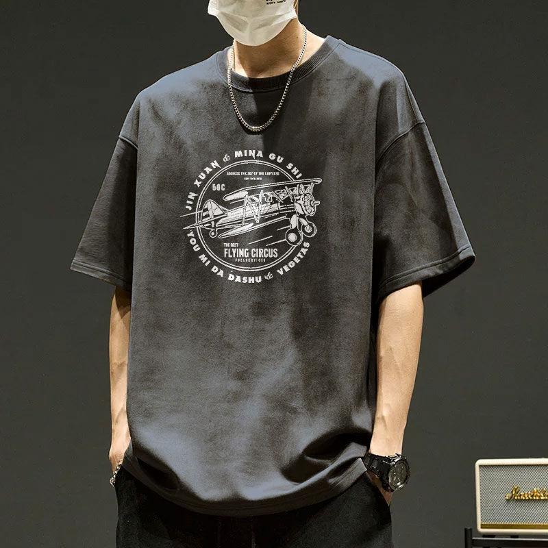 Kurzärmeliges Herren-T-Shirt aus Wildleder für Frühling und Sommer, Herrenbekleidung, trendiges japanisches Rundhals-All-Match-T-Shirt-Oberteil